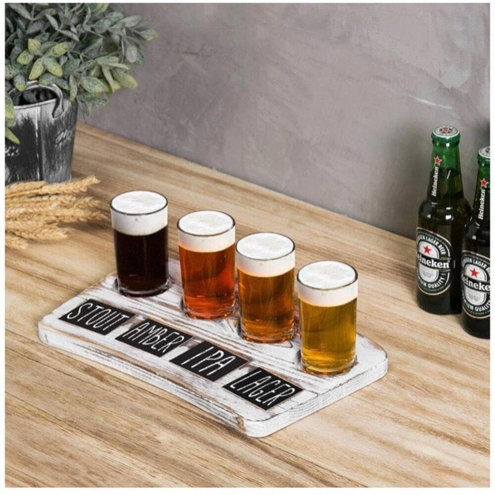 Whitewash Wood Beer Flight Tray with 4 Glasses for the Craft Beer Lover NEW!!